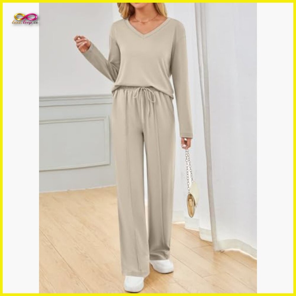 V-Neck Tracksuit Set Wide Leg Pants Lounge Athleisure Travel Outfit Comfortable - Picture 2 of 5